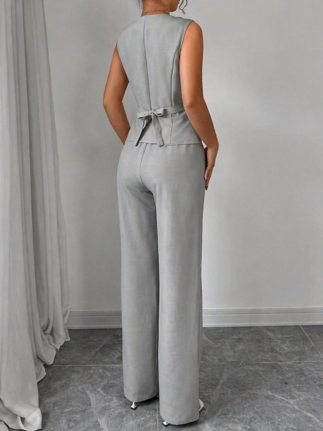 Women's Spaghetti Strap Front Button Blouse and Linen Pants Two-Piece Set