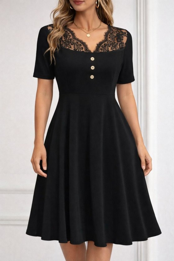 Women's Short Sleeve Lace V-Neck Buttoned Short Ruffle Crepe Dress