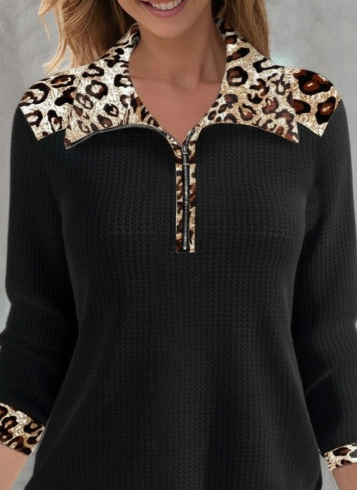 Women's Long Sleeve Leopard Collar Zippered Waffle Blouse