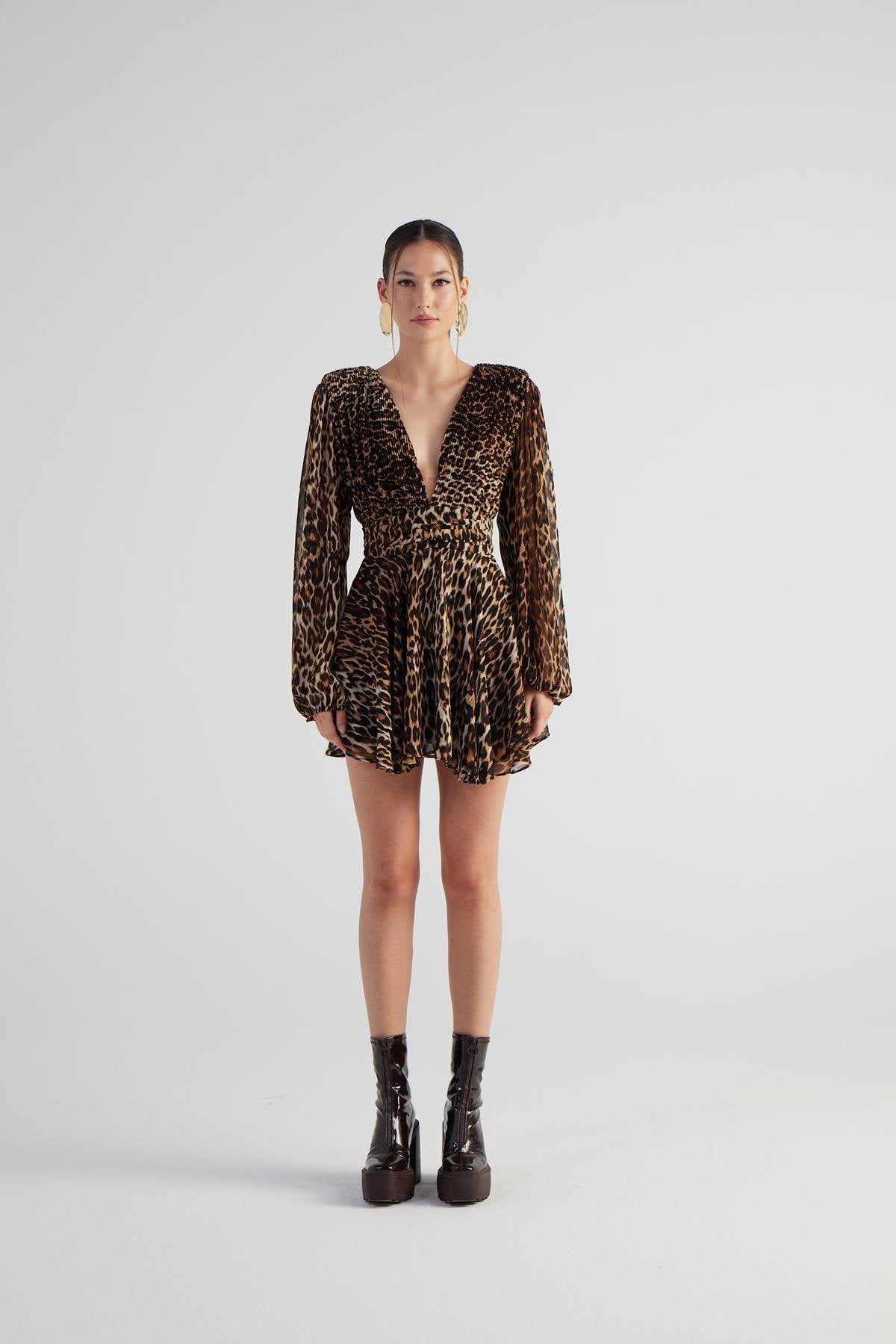 Leopar Desenli V Yaka Mini Janet Elbise Kahve