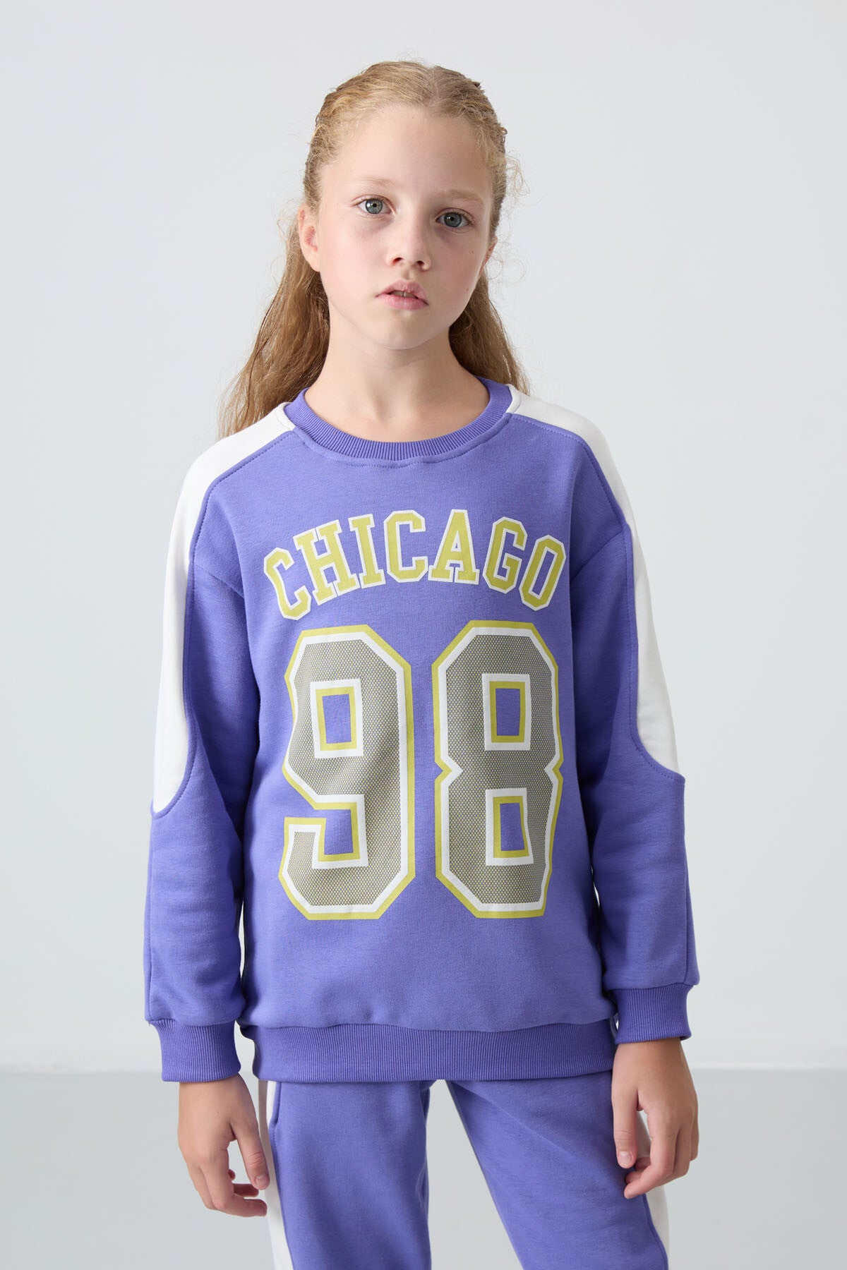 Eflatun Pamuklu İçi Tüylü Yumuşak Dokulu Standart Fit Baskılı Kız Çocuk Eşofman Takım - 75170