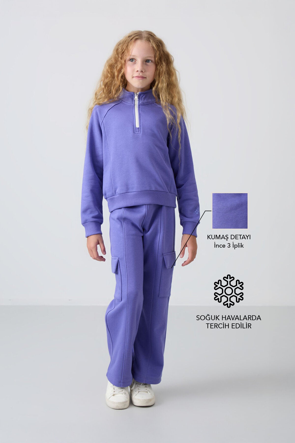 Eflatun Pamuklu İçi Tüylü Yumuşak Dokulu Standart Fit Nakışlı Kız Çocuk Eşofman Takım - 75159