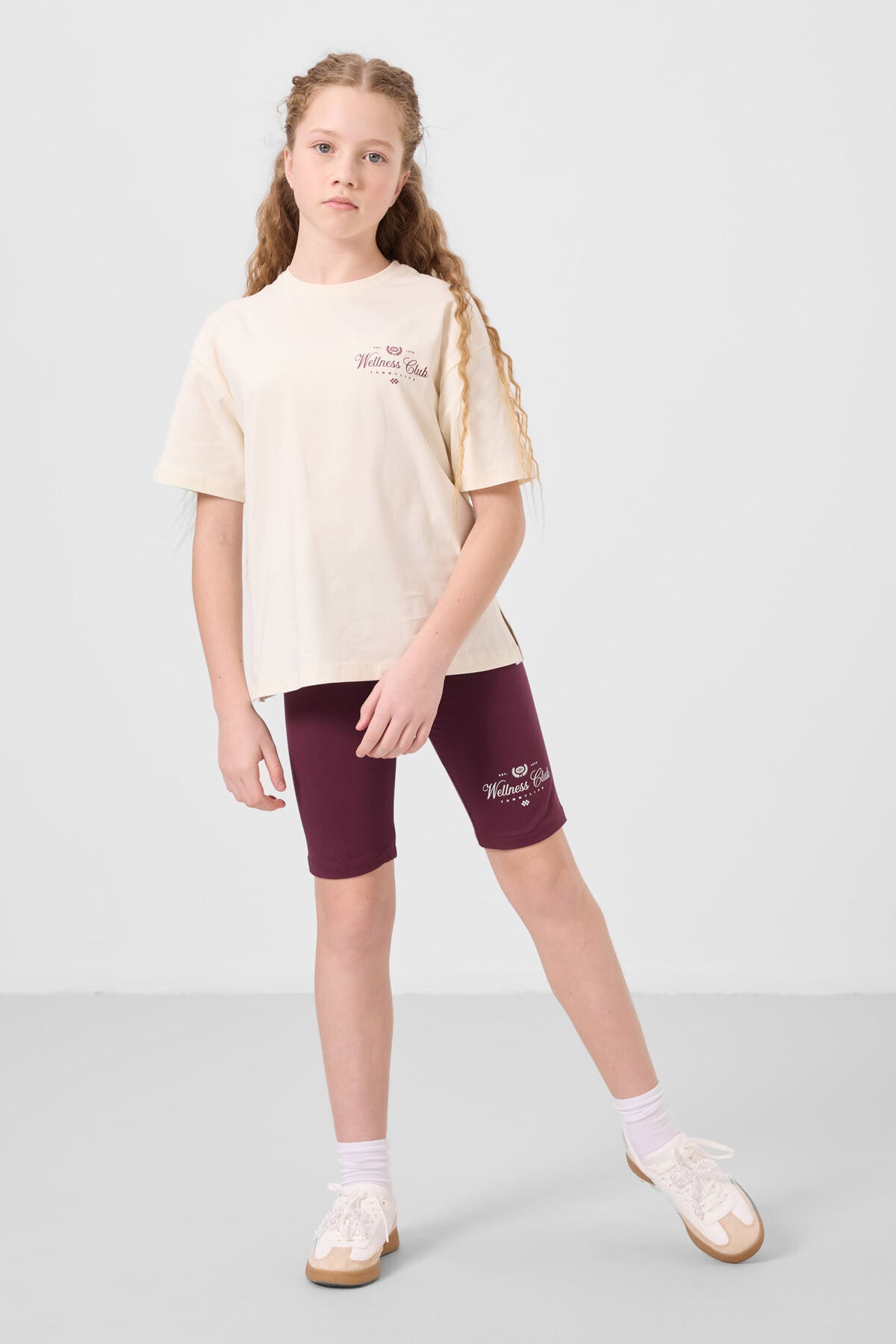 Ekru-Bordo Pamuklu O Yaka Standart Fit Baskılı Kız Çocuk Tayt Takım - 75190