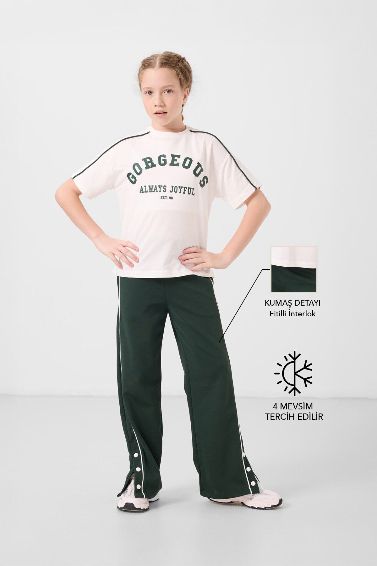 Ekru-Çam Yeşil O Yaka Baskılı Geniş Paça Çıt Çıt Detaylı Kız Çocuk Palazzo Eşofman Takım - 75172