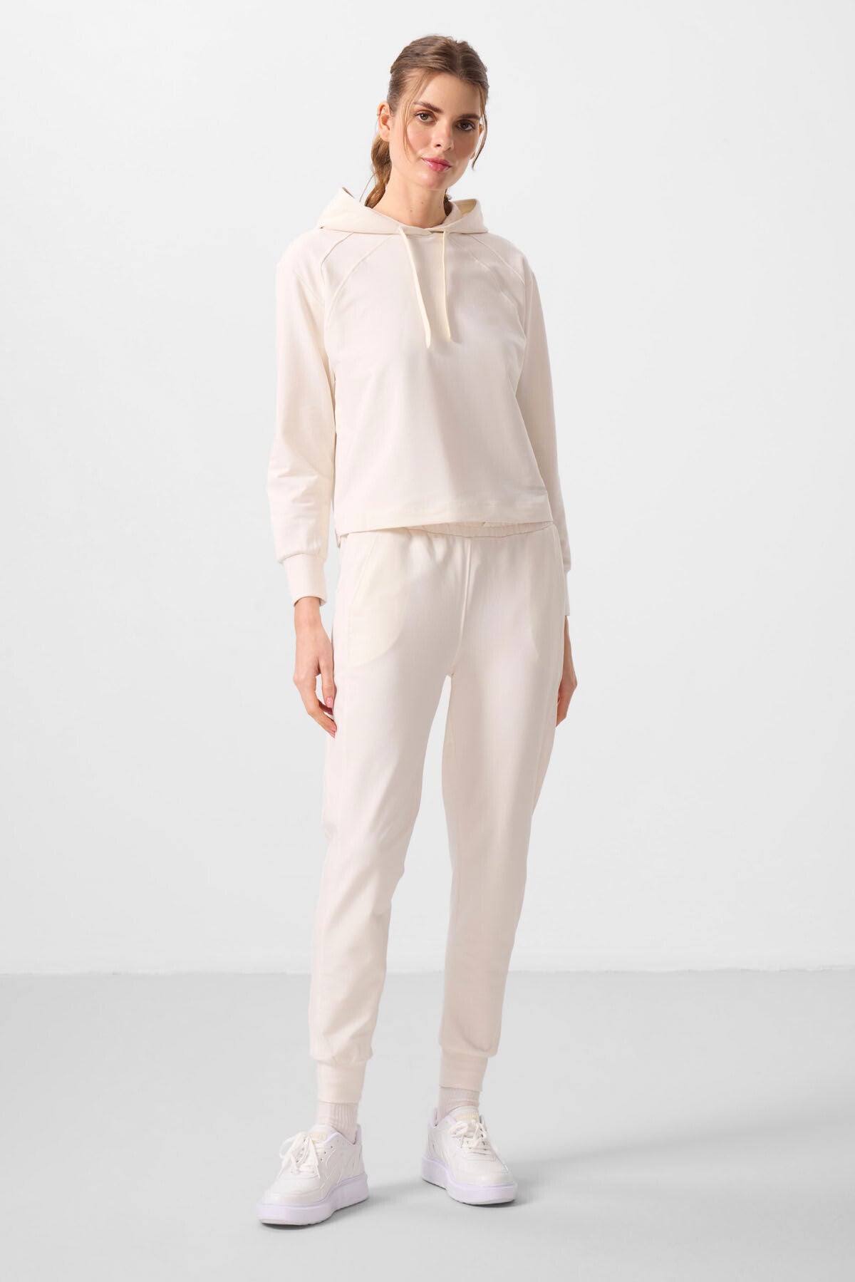 Ekru Kapüşonlu Oversize Kadın Eşofman Takım - 95336