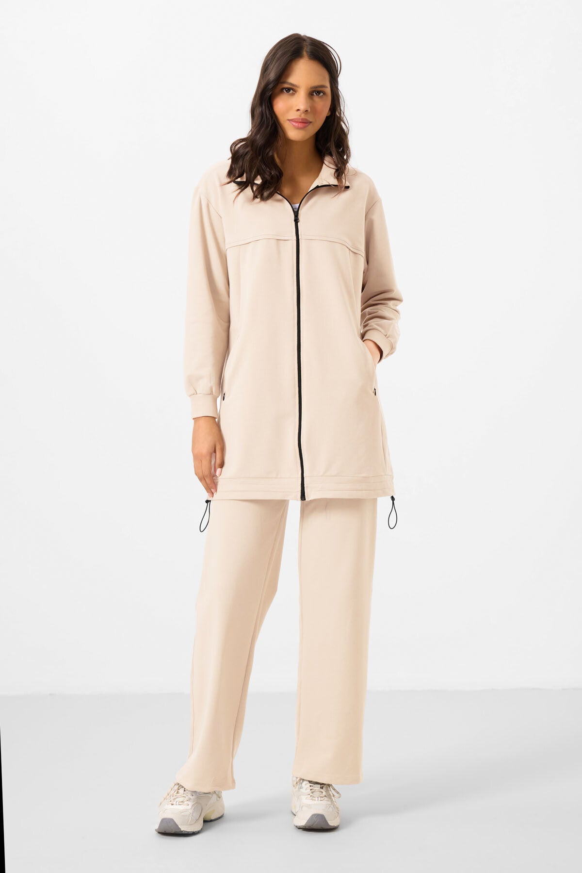 Ekru Dik Yaka Fermuarlı Pamuklu Kadın Eşofman Tunik Takım - 95346