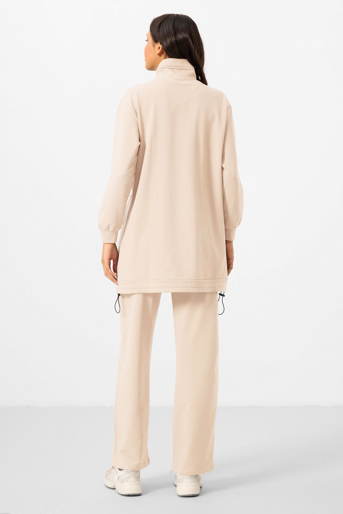 Ekru Dik Yaka Fermuarlı Pamuklu Kadın Eşofman Tunik Takım - 95346