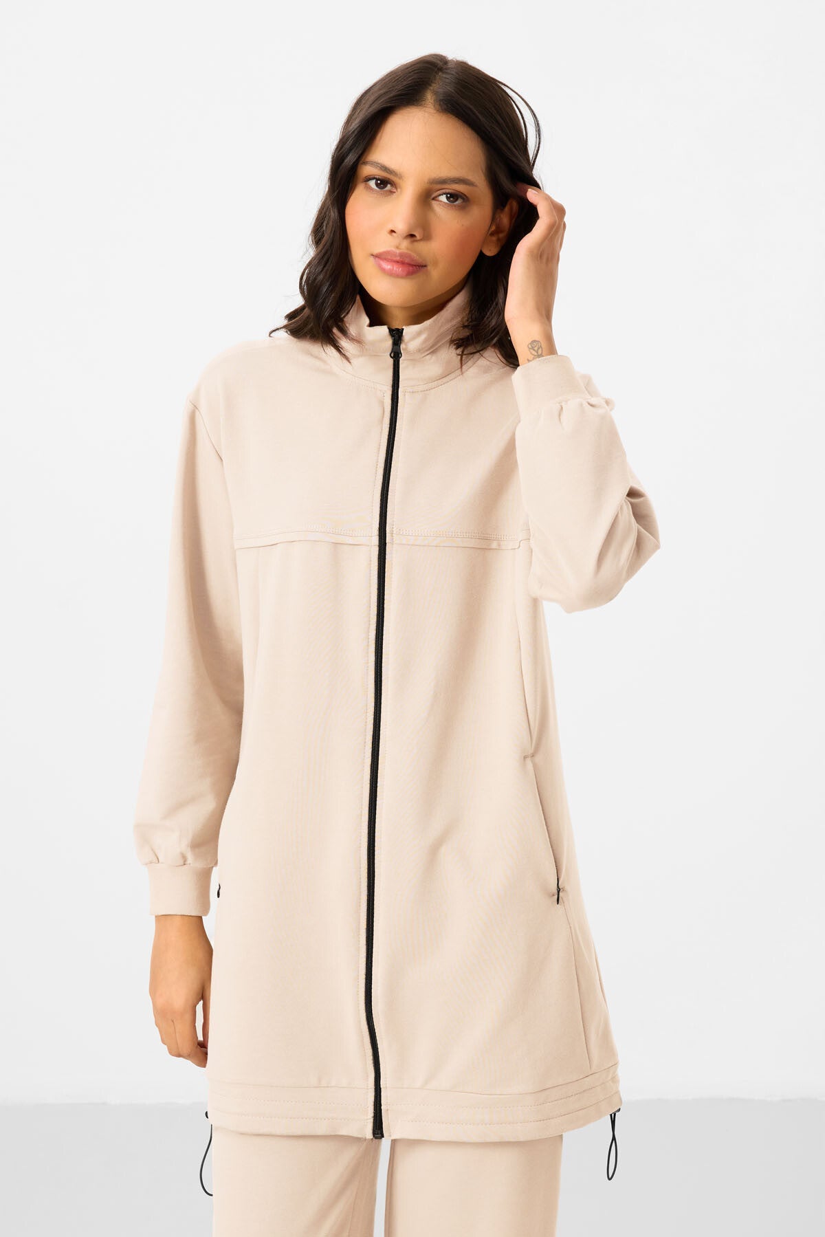 Ekru Dik Yaka Fermuarlı Pamuklu Kadın Eşofman Tunik Takım - 95346