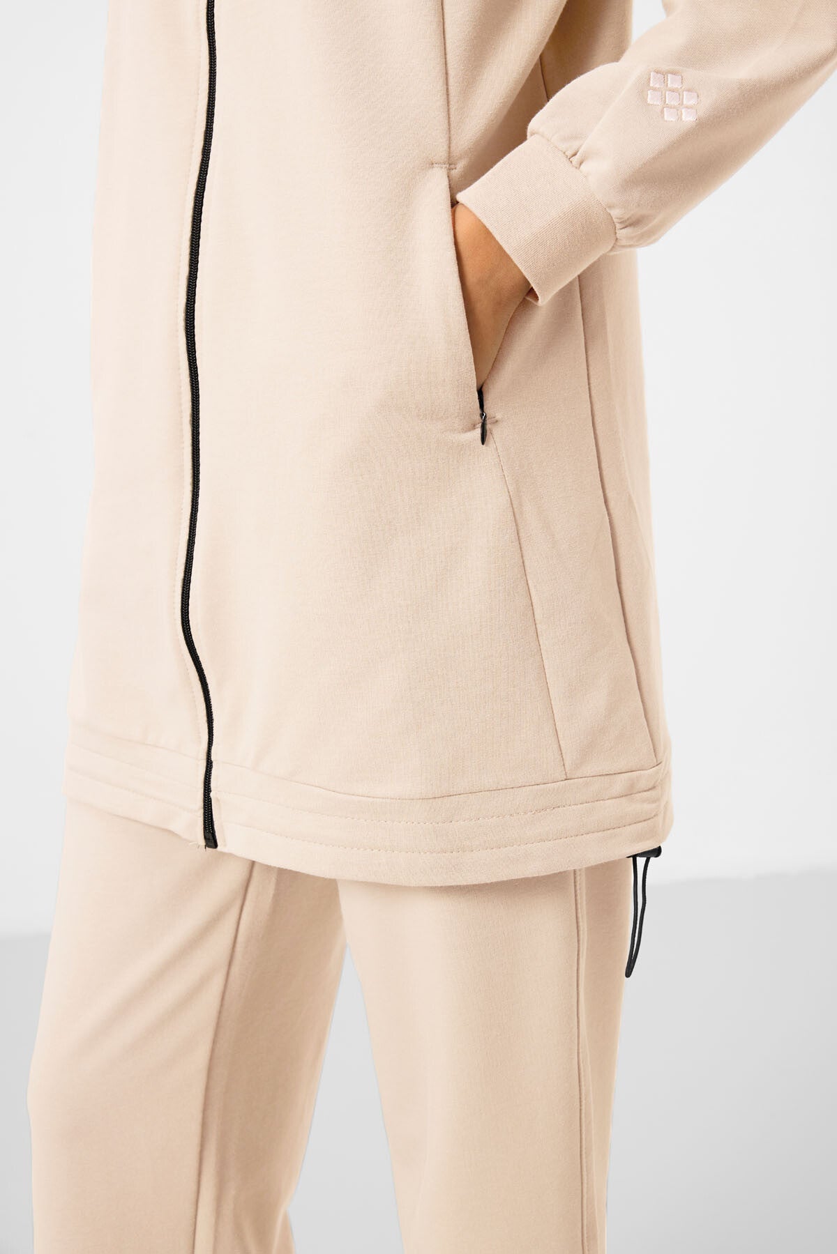 Ekru Dik Yaka Fermuarlı Pamuklu Kadın Eşofman Tunik Takım - 95346