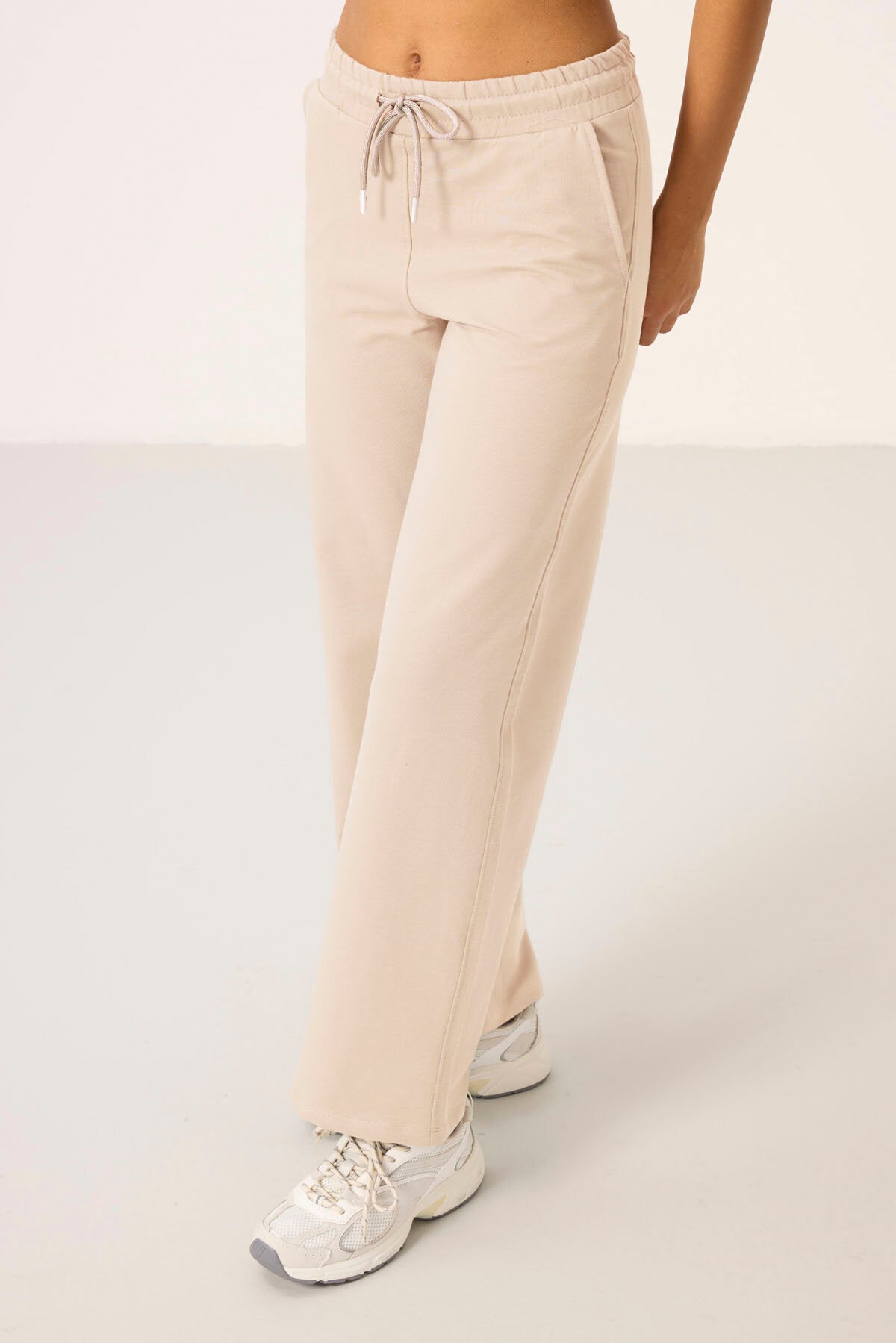 Ekru Dik Yaka Fermuarlı Pamuklu Kadın Eşofman Tunik Takım - 95346