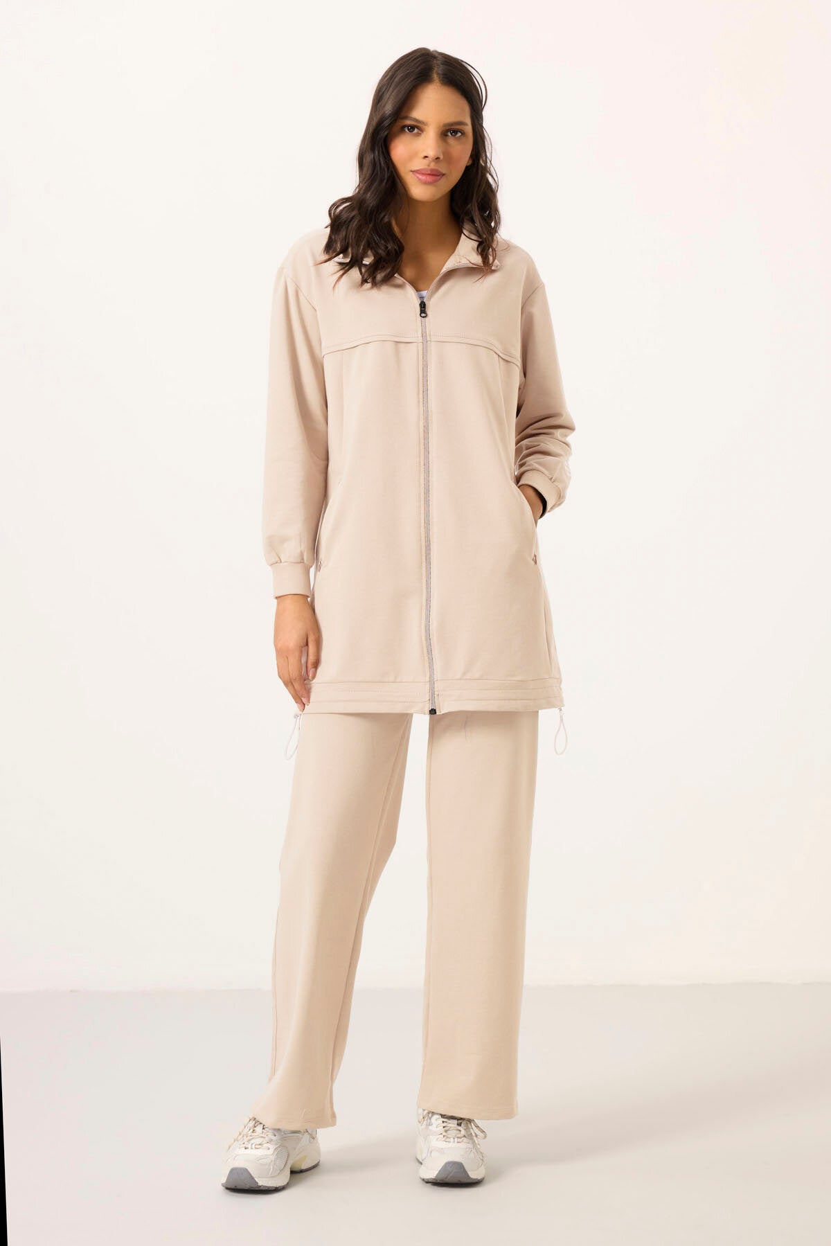 Ekru Dik Yaka Fermuarlı Pamuklu Kadın Eşofman Tunik Takım - 95346