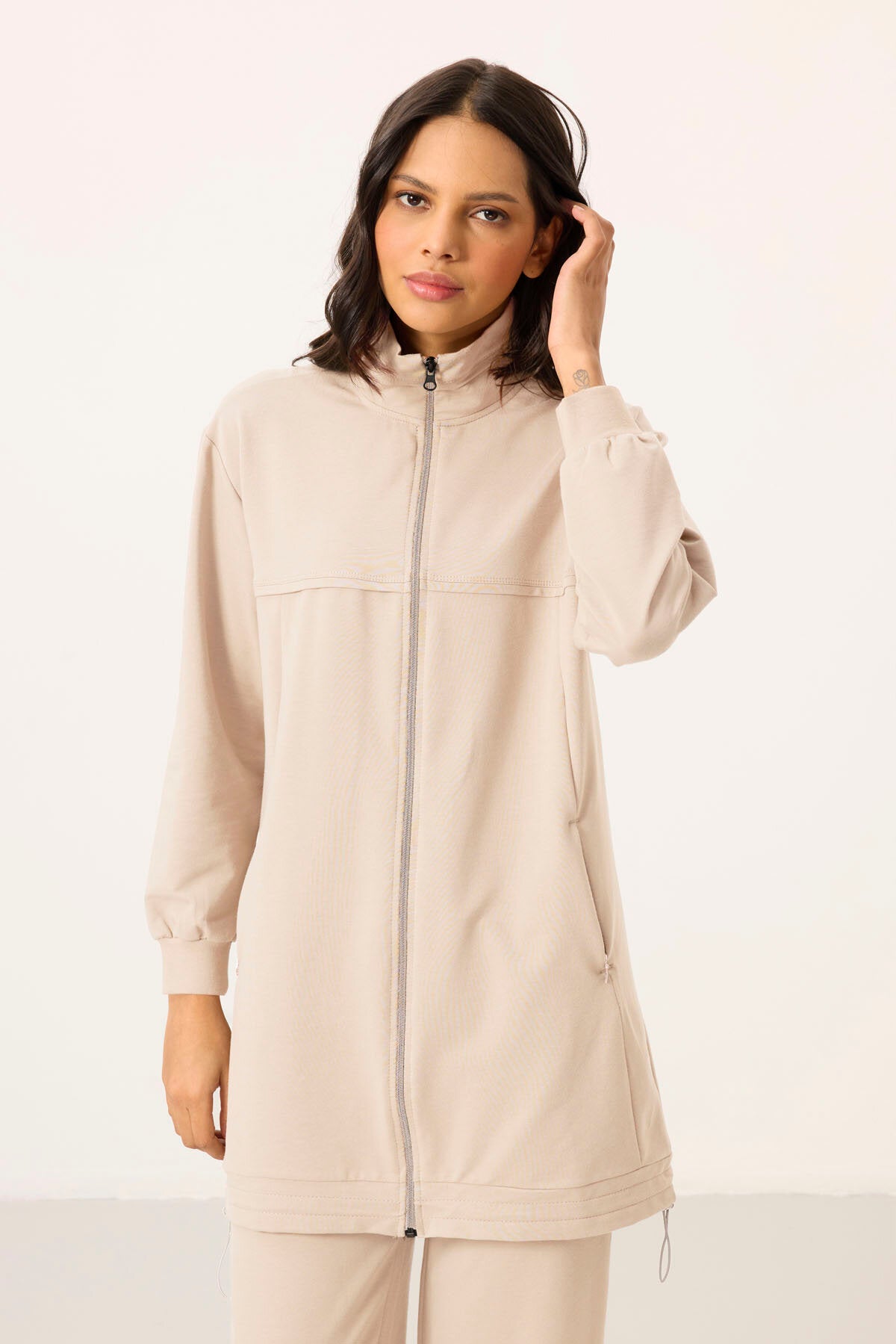 Ekru Dik Yaka Fermuarlı Pamuklu Kadın Eşofman Tunik Takım - 95346