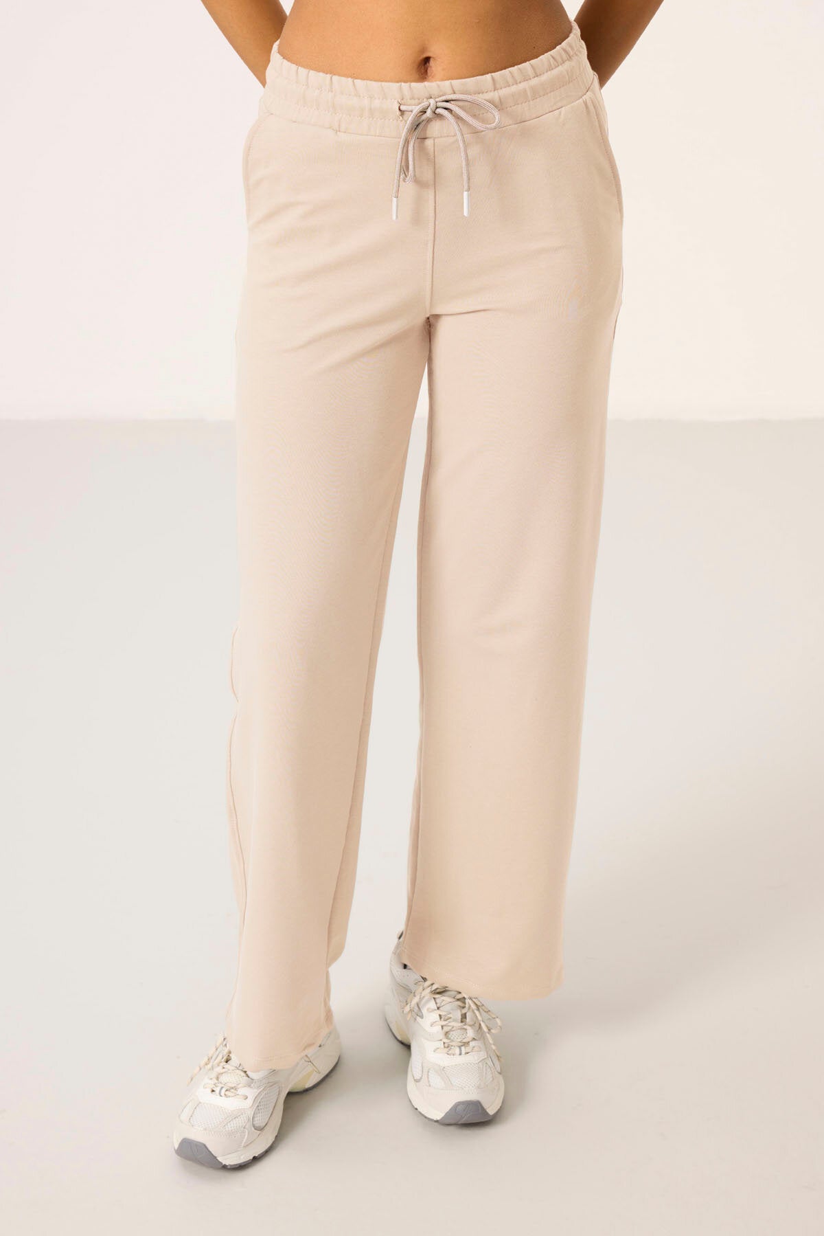 Ekru Dik Yaka Fermuarlı Pamuklu Kadın Eşofman Tunik Takım - 95346