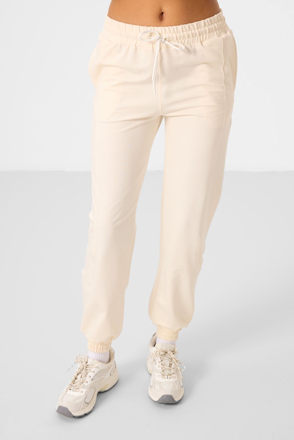 Ekru O Yaka Basic Oversize Kadın Eşofman Tunik Takım - 95347