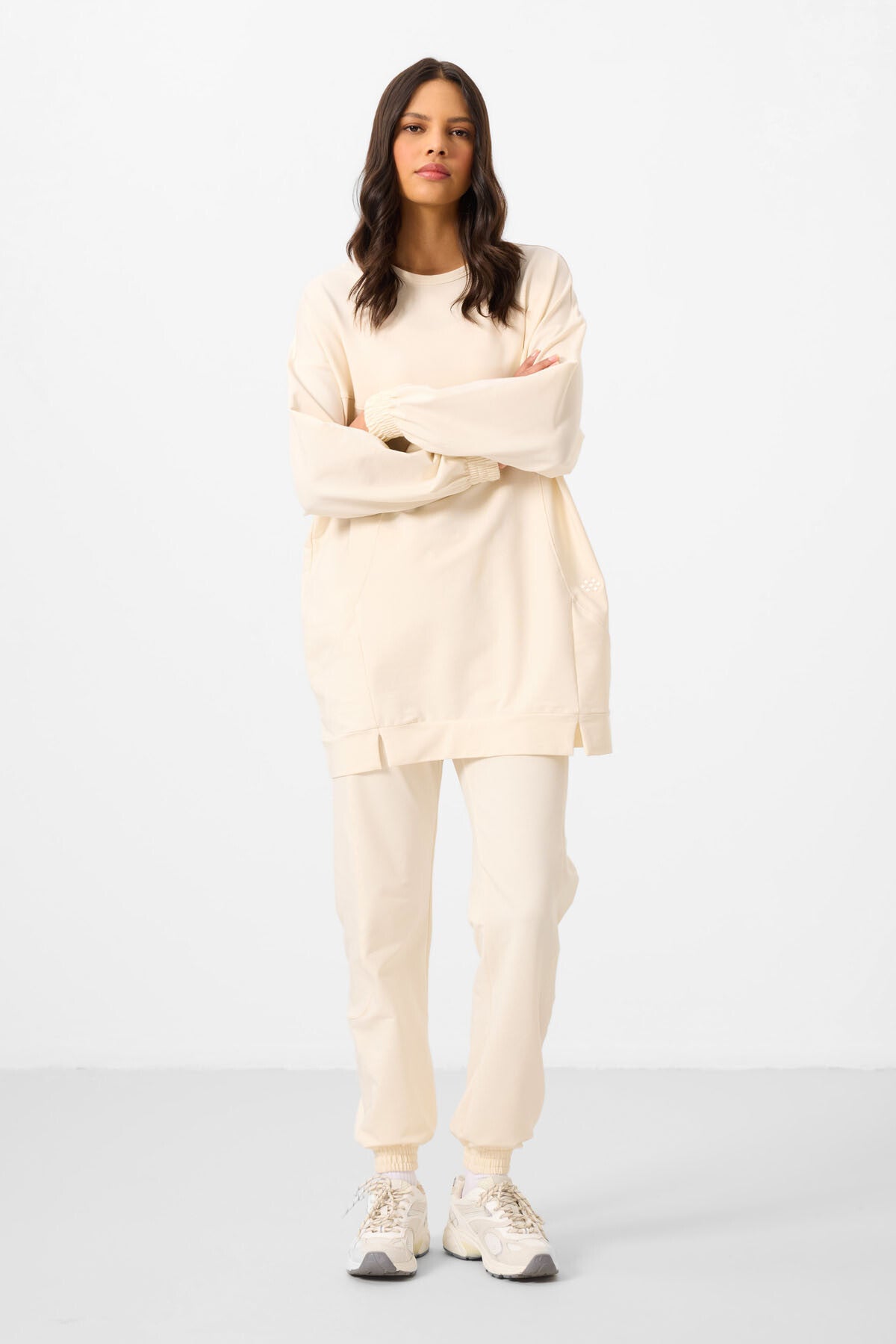 Ekru O Yaka Basic Oversize Kadın Eşofman Tunik Takım - 95347