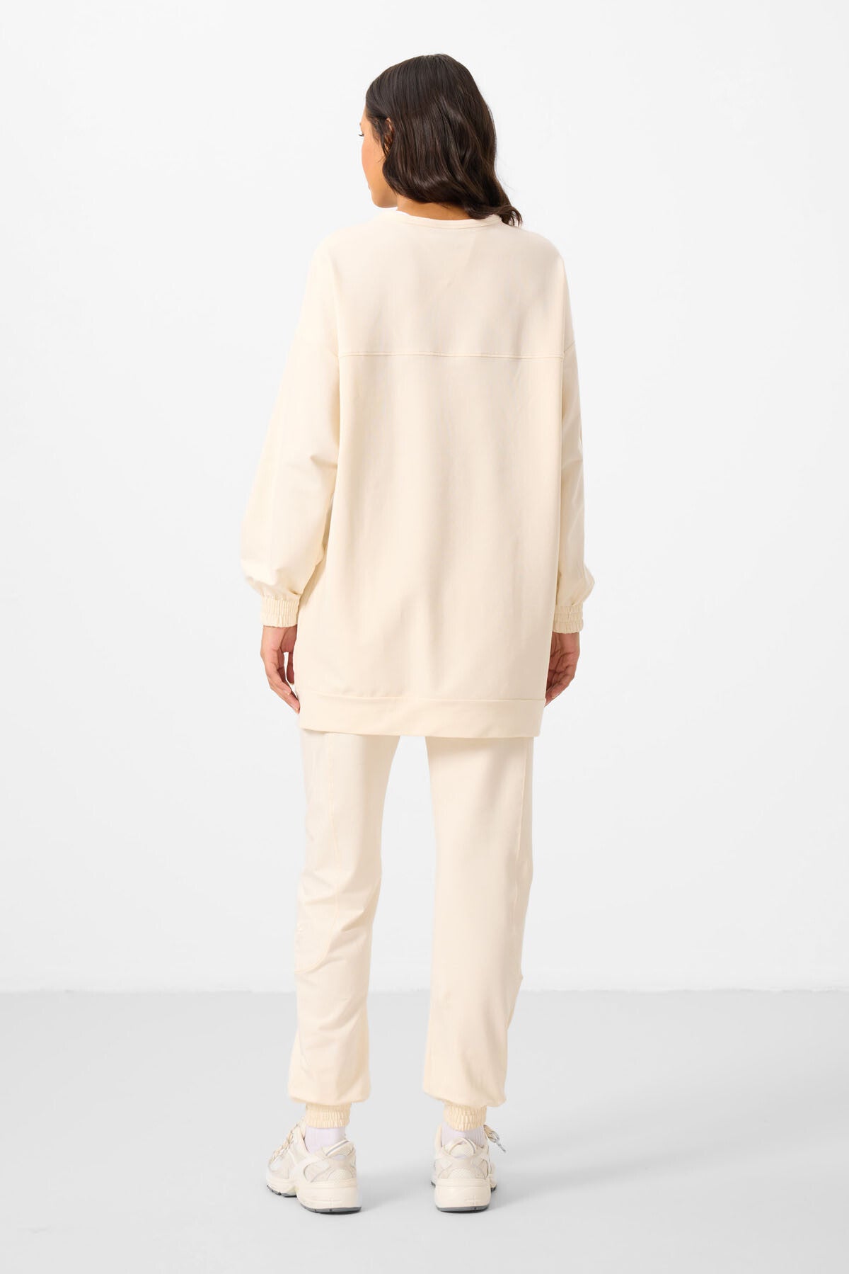 Ekru O Yaka Basic Oversize Kadın Eşofman Tunik Takım - 95347