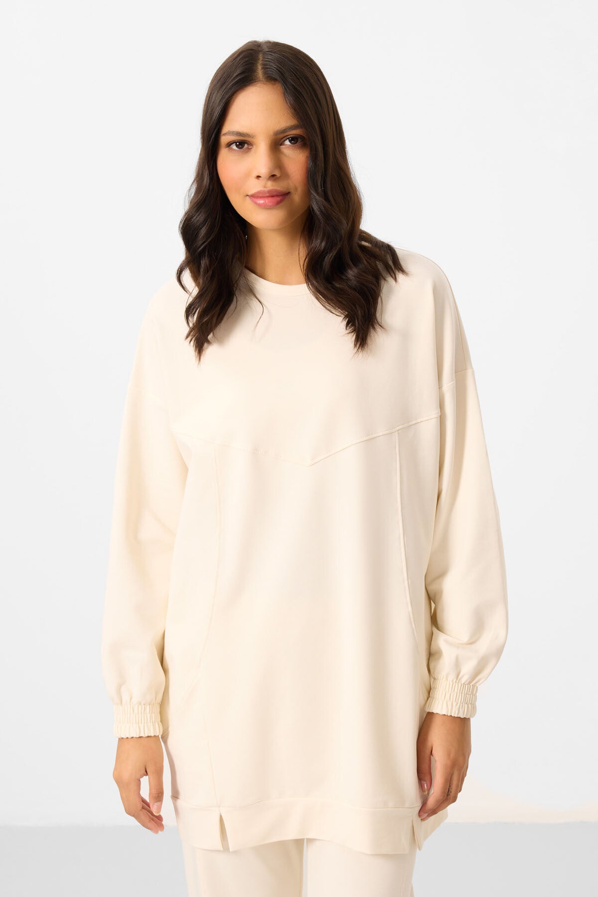 Ekru O Yaka Basic Oversize Kadın Eşofman Tunik Takım - 95347
