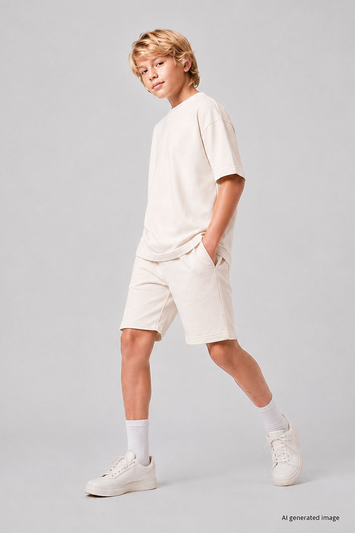Ekru Oversize Fit Basic Erkek Çocuk Şort Takım - 11335