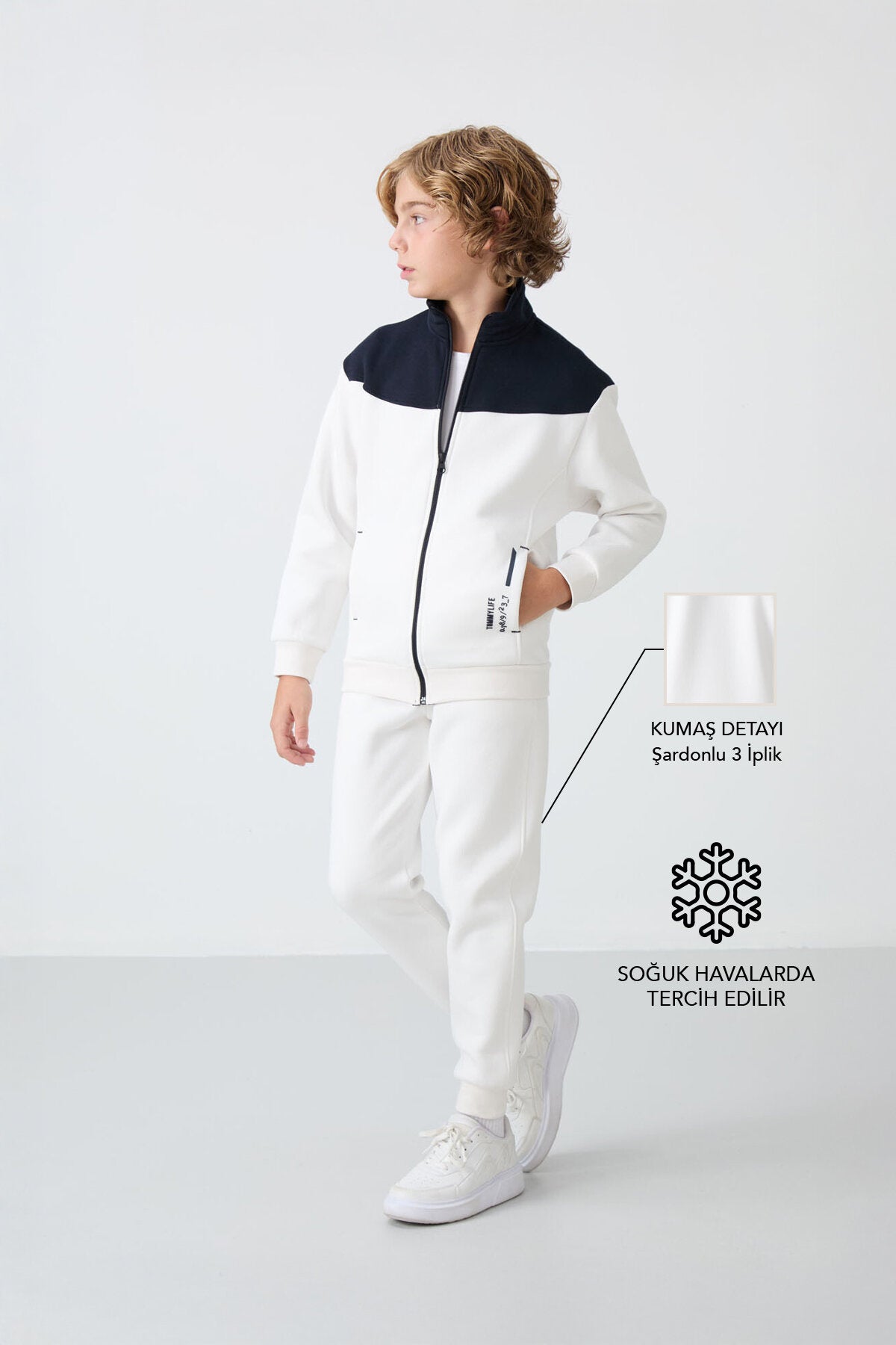 Ekru Pamuklu Kalın İçi Tüylü Yumuşak Dokulu Standart Fit Nakışlı Erkek Çocuk Eşofman Takım - 11240