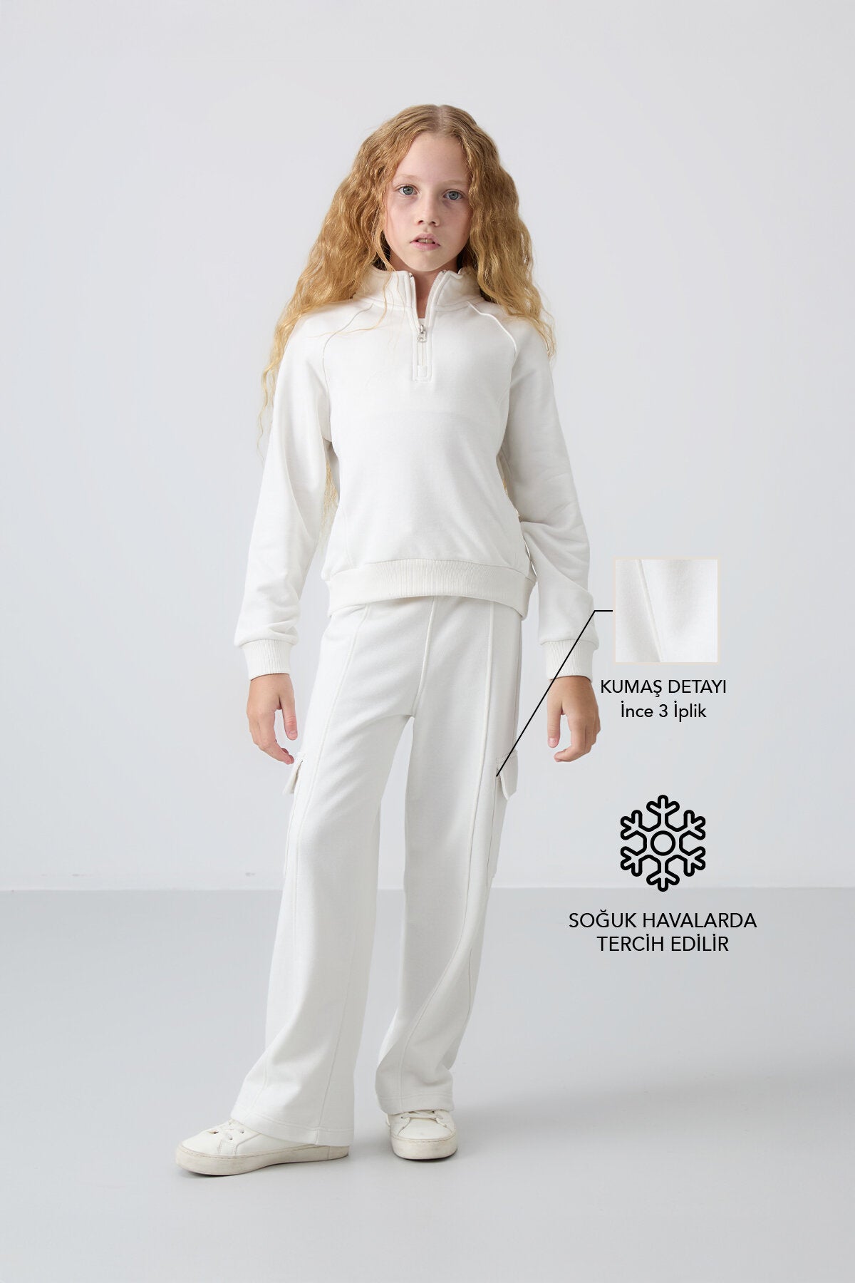 Ekru Pamuklu İçi Tüylü Yumuşak Dokulu Standart Fit Nakışlı Kız Çocuk Eşofman Takım - 75159