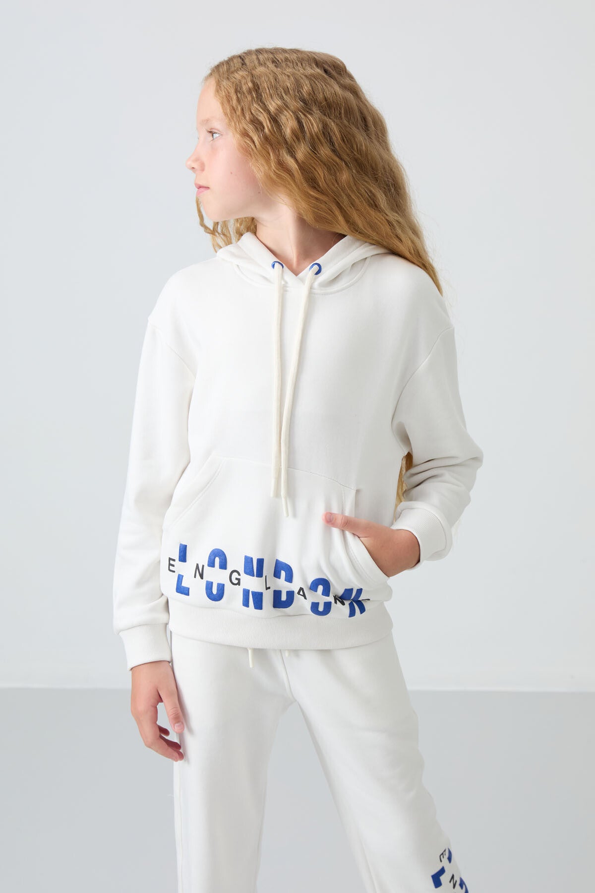 Ekru Pamuklu İçi Tüylü Yumuşak Dokulu Oversize Baskılı Kız Çocuk Eşofman Takım - 75147