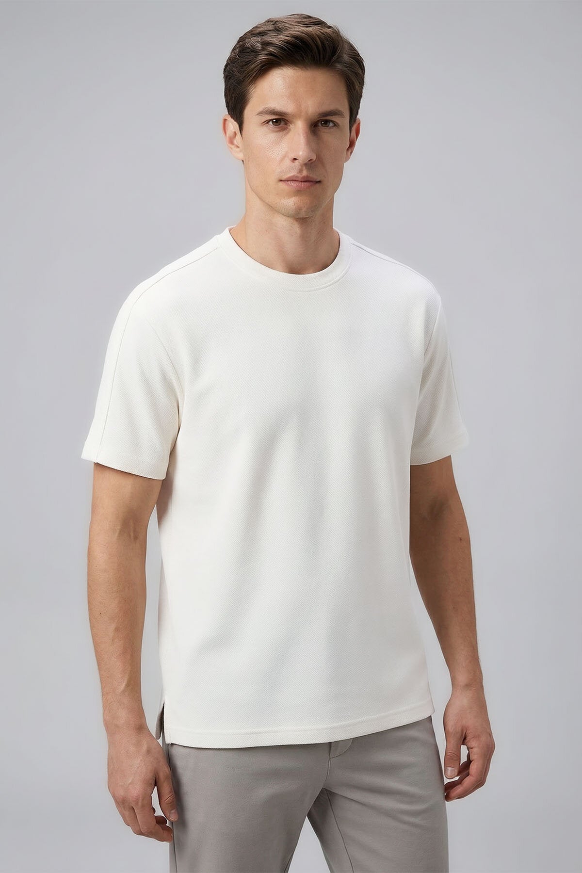 Ekru Rahat Form Esnek Nefes Alabilir Erkek T-Shirt - 88495