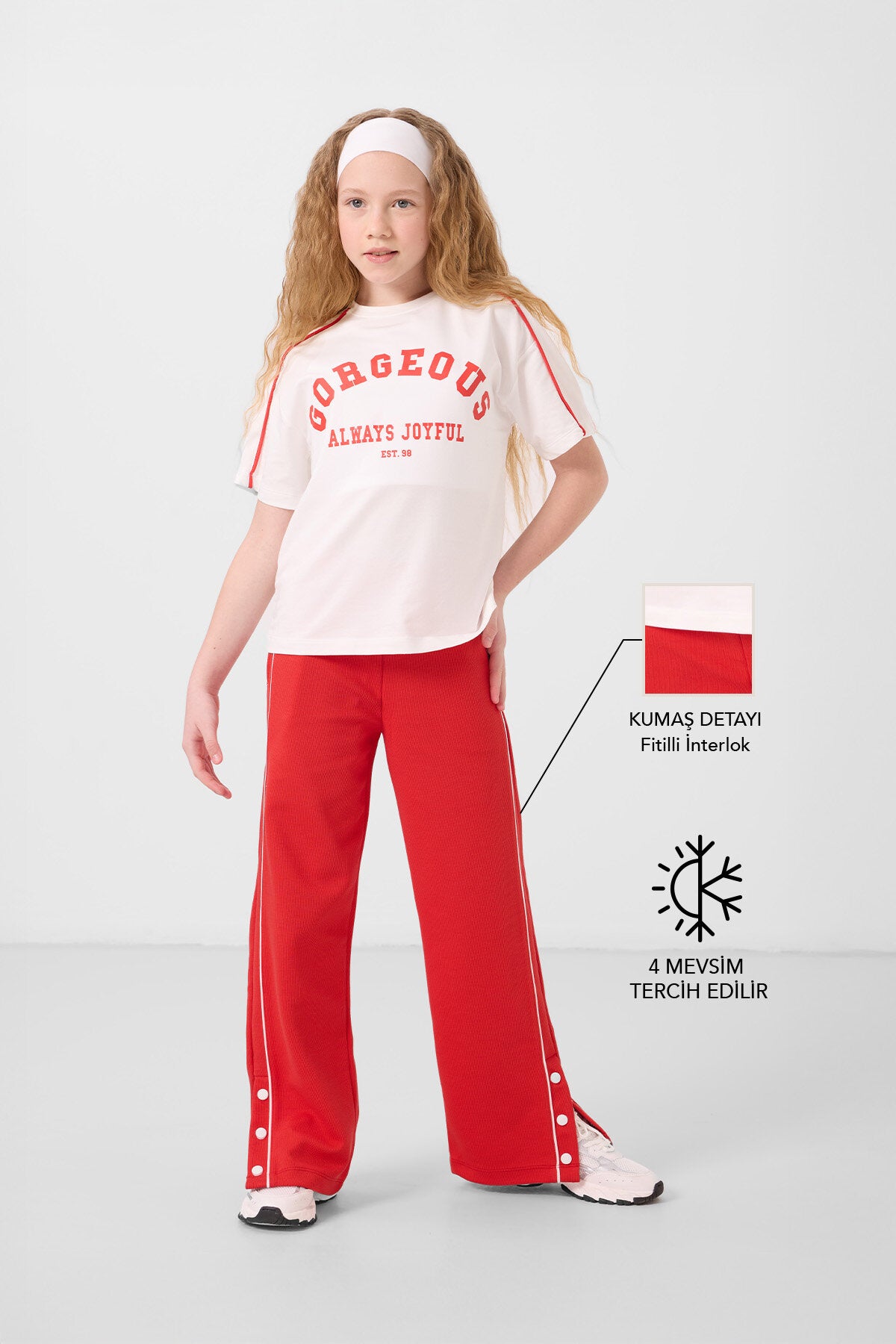 Ekru-Fiesta O Yaka Baskılı Geniş Paça Çıt Çıt Detaylı Kız Çocuk Palazzo Eşofman Takım - 75172