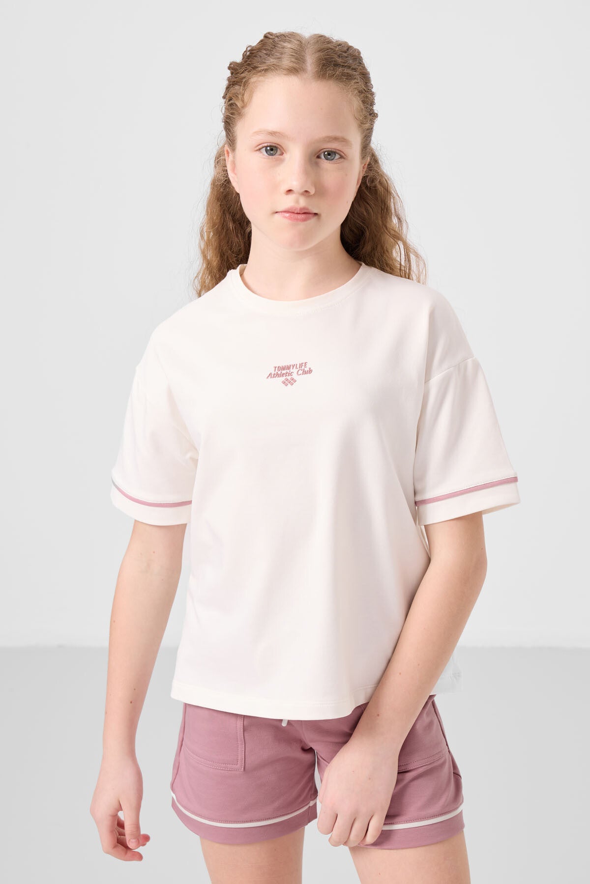 Ekru-Gül Kurusu Pamuklu Yumuşak Dokulu Standart Fit Basic Kız Çocuk Şort Takım - 75183