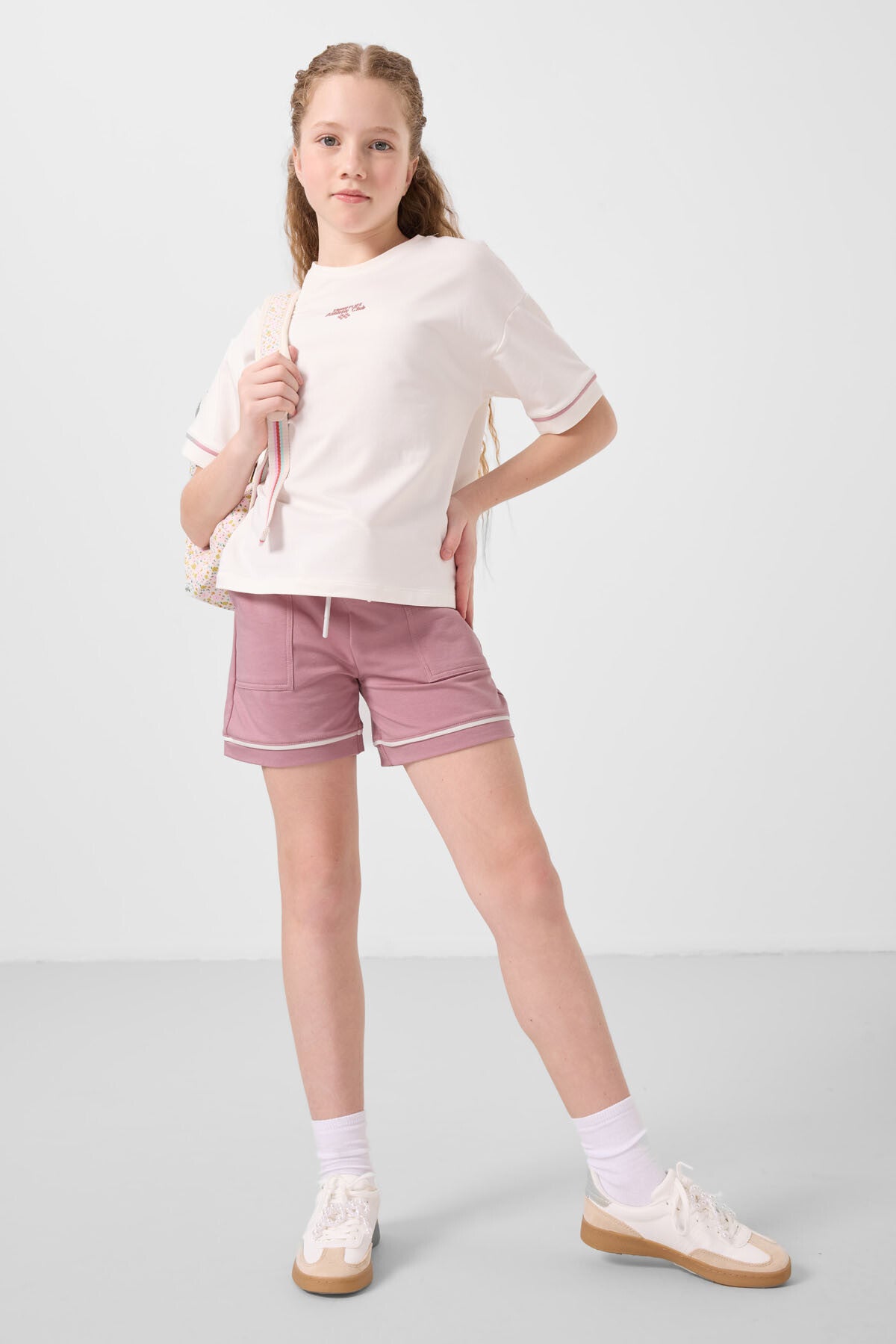 Ekru-Gül Kurusu Pamuklu Yumuşak Dokulu Standart Fit Basic Kız Çocuk Şort Takım - 75183