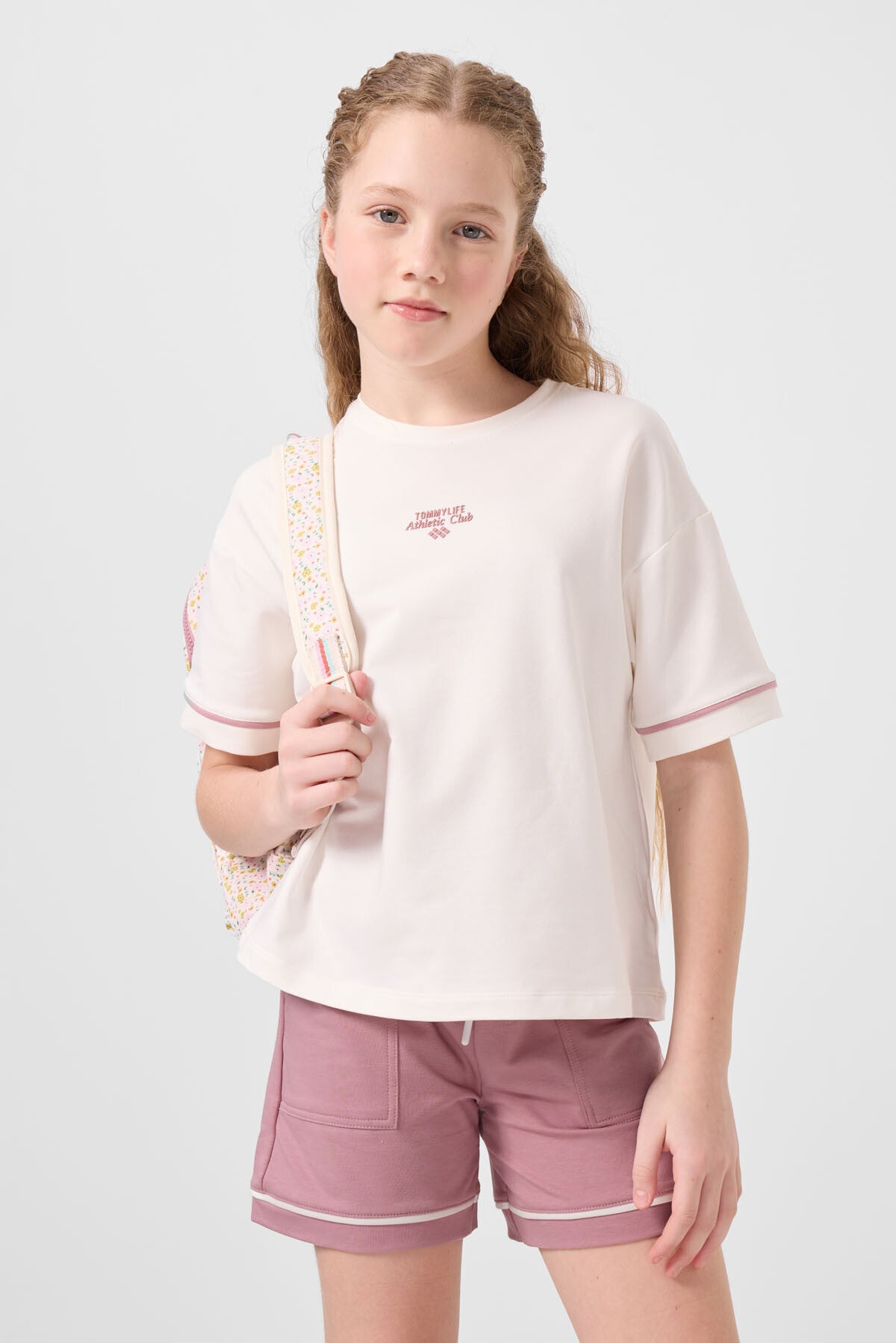 Ekru-Gül Kurusu Pamuklu Yumuşak Dokulu Standart Fit Basic Kız Çocuk Şort Takım - 75183