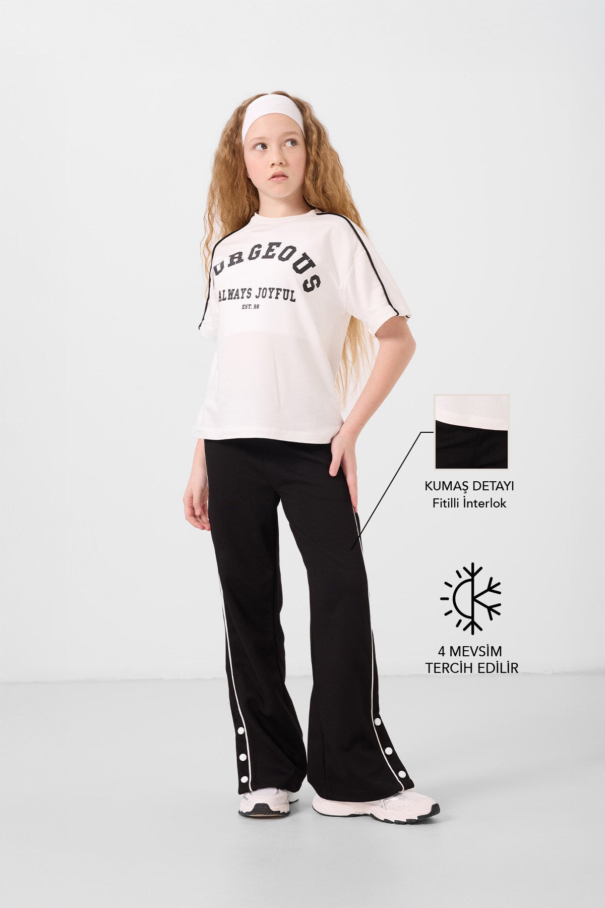 Ekru-Siyah O Yaka Baskılı Geniş Paça Çıt Çıt Detaylı Kız Çocuk Palazzo Eşofman Takım - 75172