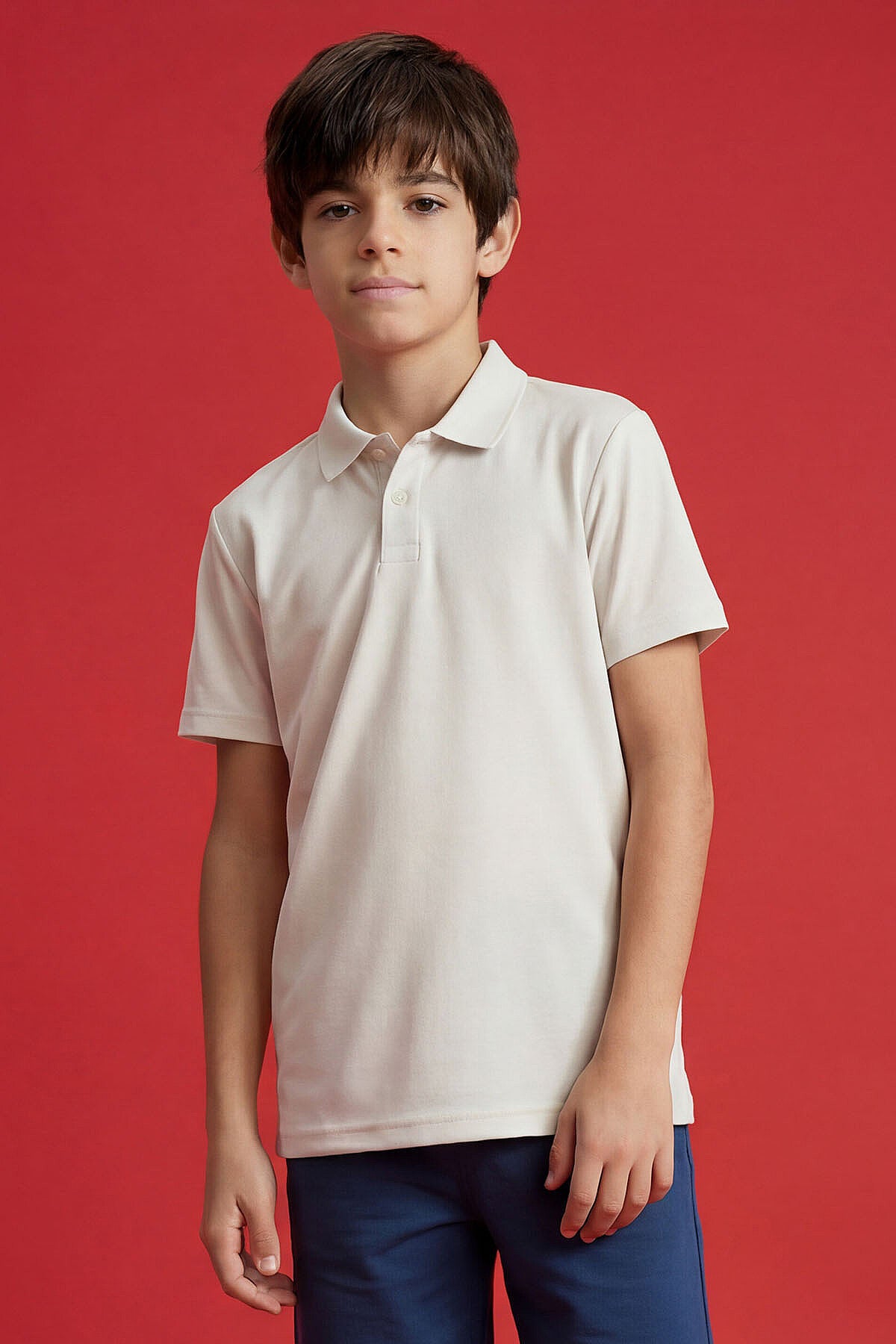 Ekru Polo Yaka Standart Fit Basic Unisex Çocuk T-Shirt - 11330