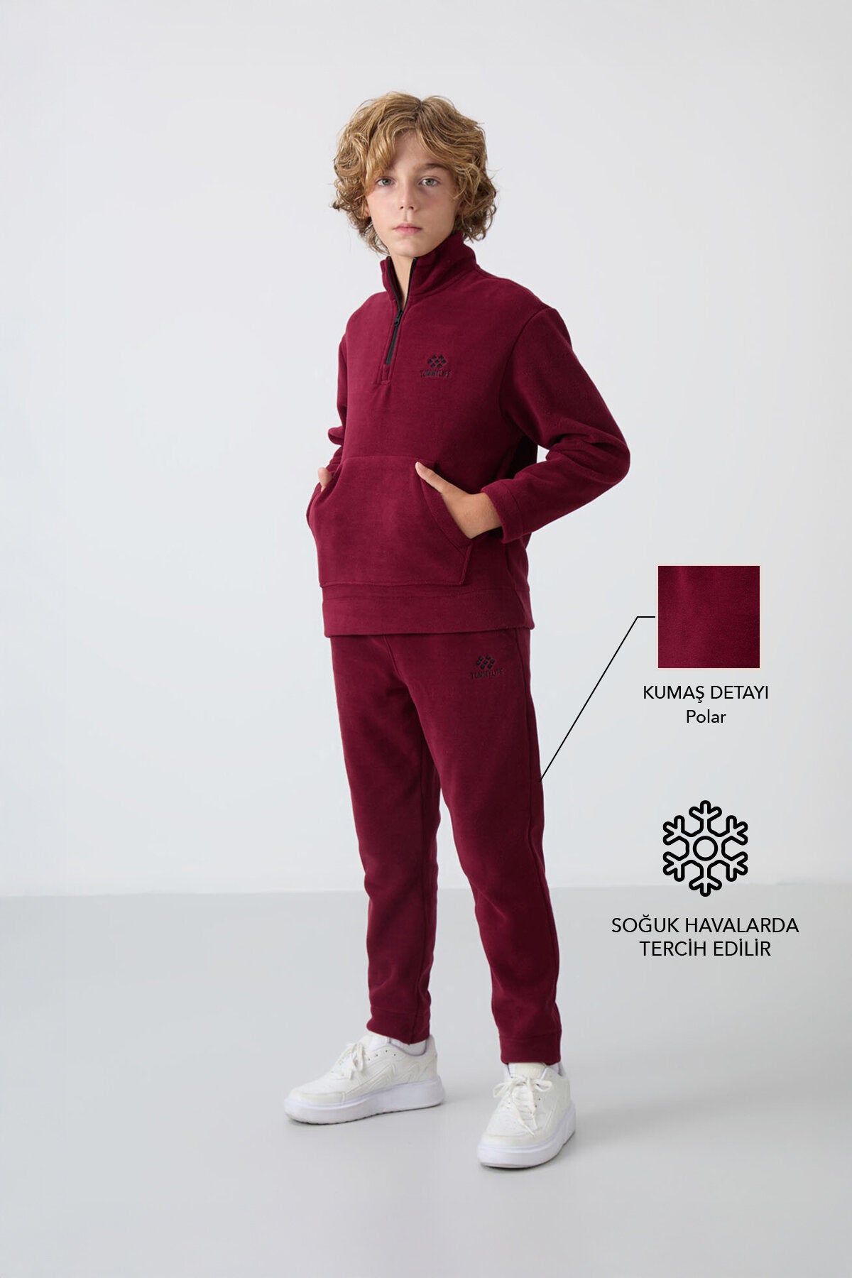 Erguvan Kalın Yumuşak Dokulu Standart Fit Nakışlı Polar Erkek Çocuk Eşofman Takım - 11218