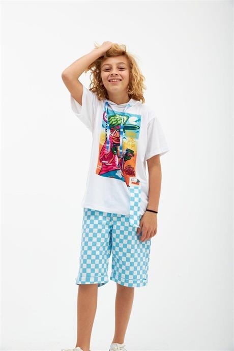 Erkek Çocuk Bisiklet Baskılı Kapüşonlu Tişört Damalı Kot Şort 2'li Takım Mavi 4 Yaş