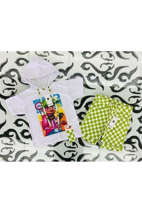 Erkek Çocuk Bisiklet Baskılı Kapüşonlu Tişört Damalı Kot Şort 2'li Takım Yeşil 10 Yaş