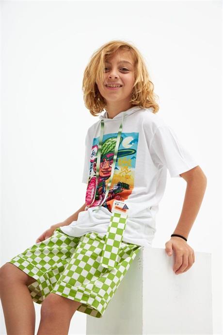 Erkek Çocuk Bisiklet Baskılı Kapüşonlu Tişört Damalı Kot Şort 2'li Takım Yeşil 14 Yaş