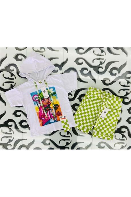 Erkek Çocuk Bisiklet Baskılı Kapüşonlu Tişört Damalı Kot Şort 2'li Takım Yeşil 8 Yaş