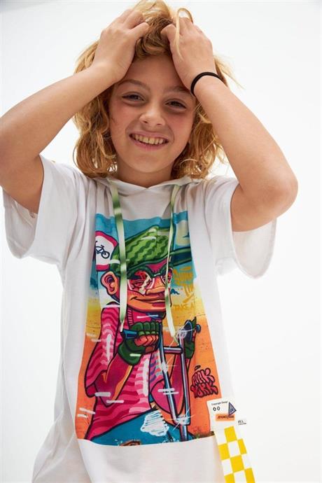 Erkek Çocuk Bisiklet Baskılı Kapüşonlu Tişört Damalı Kot Şort 2'li Takım Sarı 4 Yaş