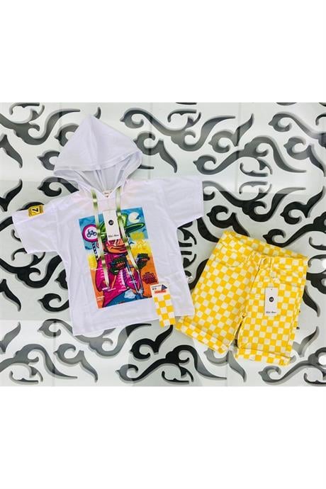 Erkek Çocuk Bisiklet Baskılı Kapüşonlu Tişört Damalı Kot Şort 2'li Takım Sarı 10 Yaş