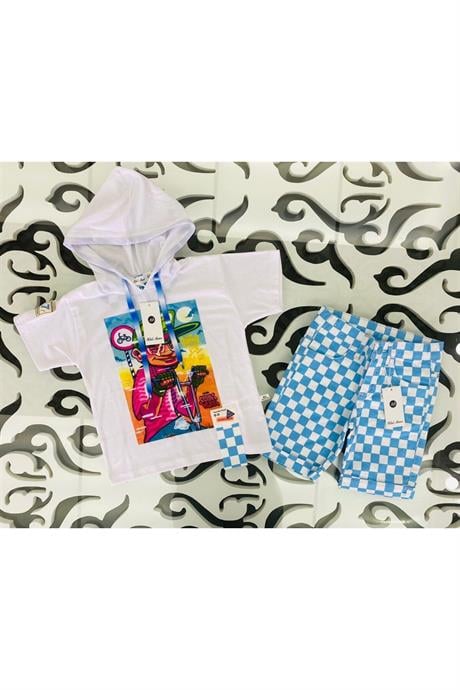 Erkek Çocuk Bisiklet Baskılı Kapüşonlu Tişört Damalı Kot Şort 2'li Takım Mavi 14 Yaş