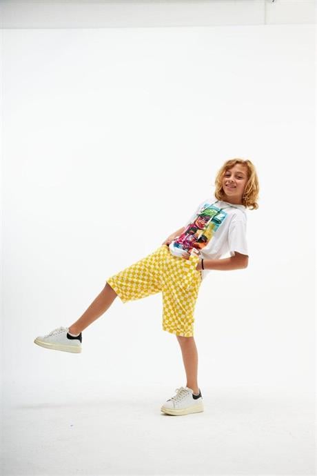 Erkek Çocuk Bisiklet Baskılı Kapüşonlu Tişört Damalı Kot Şort 2'li Takım Sarı 4 Yaş