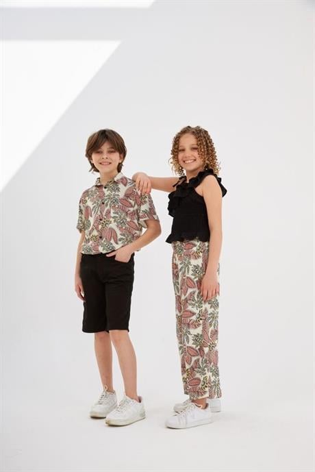 Erkek Çocuk Desenli Gömlek Siyah Kot Şort 2'li Takım Pembe 4 Yaş