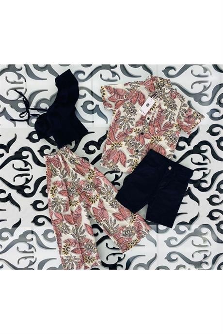Erkek Çocuk Desenli Gömlek Siyah Kot Şort 2'li Takım Pembe 14 Yaş