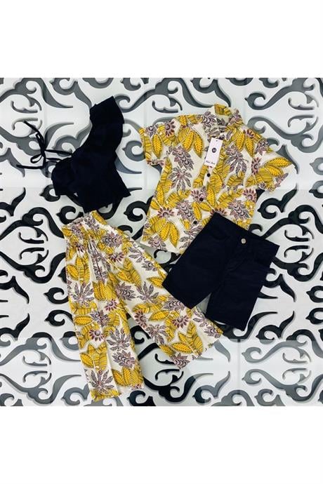 Erkek Çocuk Desenli Gömlek Siyah Kot Şort 2'li Takım Sarı 4 Yaş