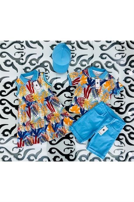 Erkek Çocuk Desenli Yakalı Tişört Renkli Kot Şort Şapka 3'lü Takım Mavi 4 Yaş