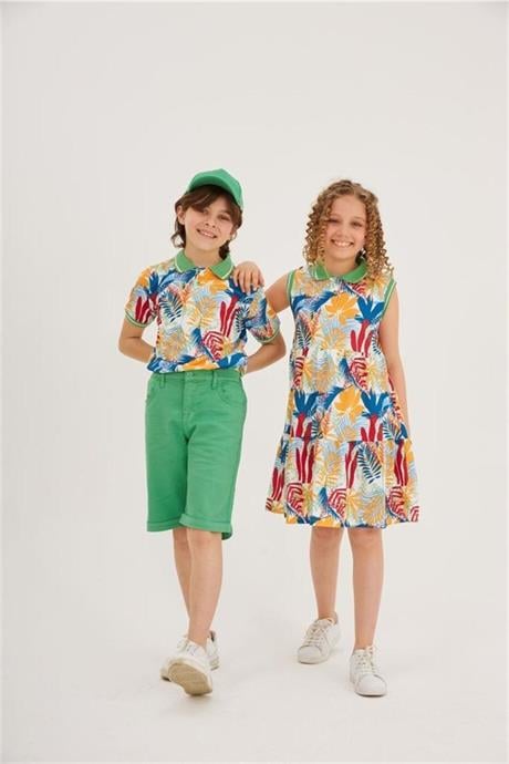 Erkek Çocuk Desenli Yakalı Tişört Renkli Kot Şort Şapka 3'lü Takım Yeşil 6 Yaş
