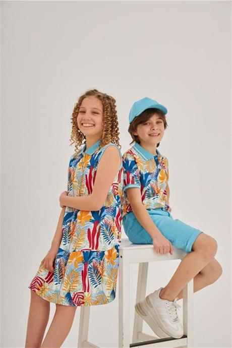 Erkek Çocuk Desenli Yakalı Tişört Renkli Kot Şort Şapka 3'lü Takım Mavi 10 Yaş