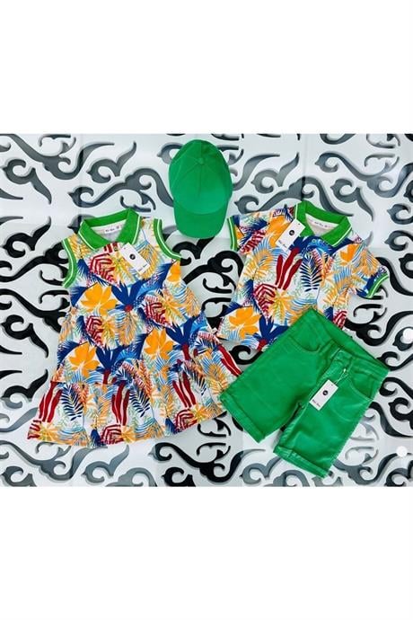 Erkek Çocuk Desenli Yakalı Tişört Renkli Kot Şort Şapka 3'lü Takım Yeşil 4 Yaş