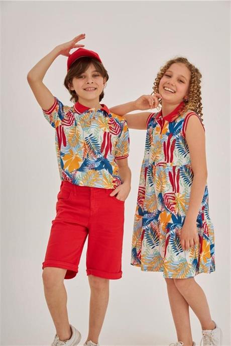 Erkek Çocuk Desenli Yakalı Tişört Renkli Kot Şort Şapka 3'lü Takım Kırmızı 14 Yaş