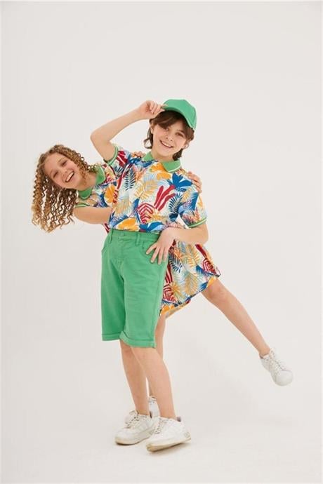 Erkek Çocuk Desenli Yakalı Tişört Renkli Kot Şort Şapka 3'lü Takım Yeşil 4 Yaş
